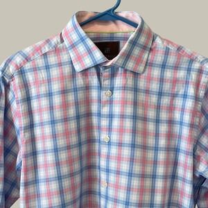Tattersall London Mens Blue Pink Plaid Cotton Dress Shirt 15.5 32/33 Long Sleeve